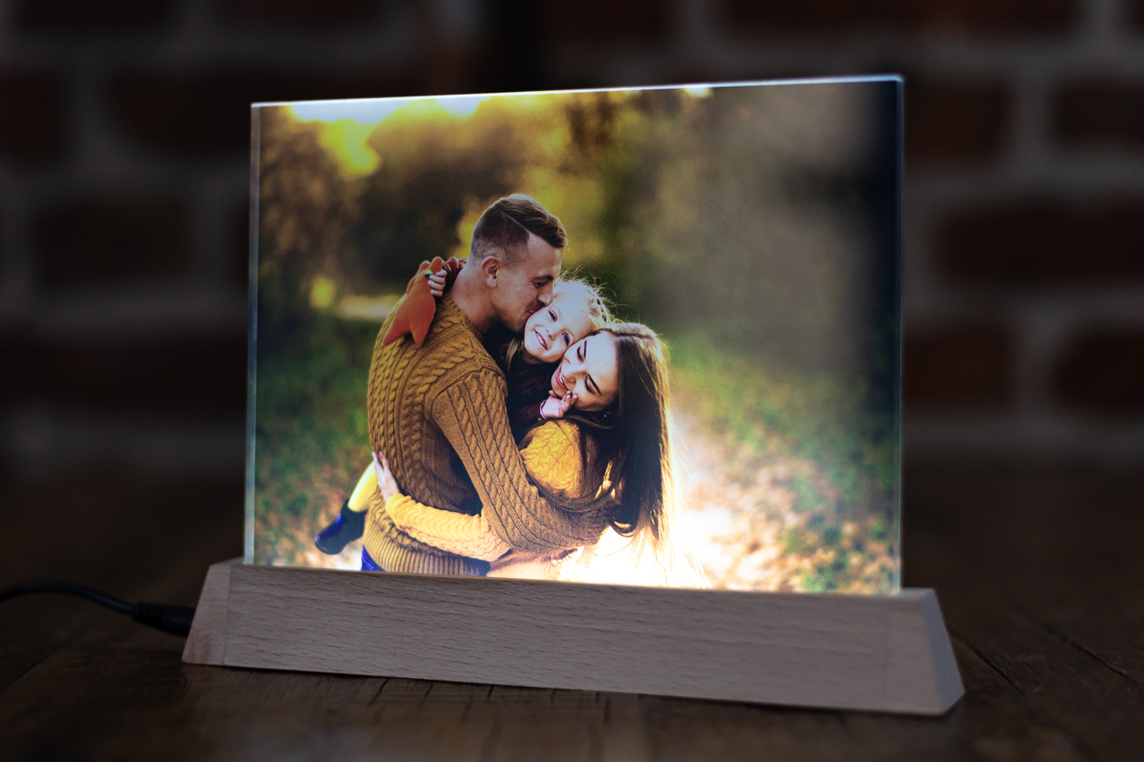 LED Fotoaufsteller aus Buchenholz / Querformat Fotoaufsteller, Beleuchtet, Acryl, Holz, Fotostandfuß, Standfuß, LED,